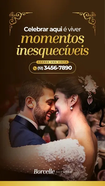 Um casal sorrindo e abraçado em um evento, com texto em dourado 'Celebrar aqui é viver momentos inesquecíveis' e um botão para agendar visita com número de telefone. O design é elegante em tons de marrom e dourado, ideal para divulgação de eventos.