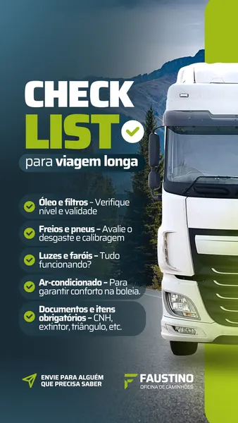 Story do Instagram com checklist para viagem longa de caminhão. O template tem fundo azul escuro com montanhas e uma parte de um caminhão branco. O texto principal em verde e branco lista itens como óleo, pneus, luzes, ar-condicionado e documentos obrigatórios.