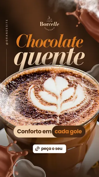 Close-up de um copo de chocolate quente cremoso com arte em latte, vapor subindo e calda de chocolate escorrendo. O texto 'Chocolate Quente' e 'Conforto em cada gole' em tons de marrom e laranja, com um botão 'peça o seu'. Design moderno para cafeterias.