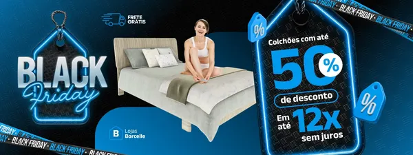 Banner horizontal de Black Friday em tons de preto e azul vibrante. Apresenta uma mulher sorrindo sentada em um colchão moderno. Destaques incluem etiquetas de preço com 'BLACK Friday', '50% de desconto', '12x sem juros' e 'Frete Grátis'. O design é dinâmico, com elementos gráficos de néon, ideal para promoções de colchões e itens de cama.