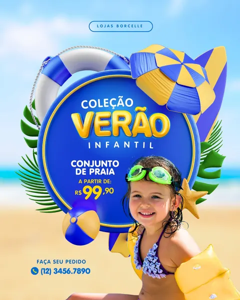 Post de Instagram vibrante para coleção de verão infantil. Apresenta uma criança sorridente de biquíni e óculos de natação em uma praia ensolarada. Um círculo azul com detalhes dourados anuncia 'Coleção Verão Infantil' e 'Conjunto de Praia a partir de R$ 99,90', cercado por boia, guarda-sol e prancha de surf em azul e amarelo. Design alegre e convidativo.
