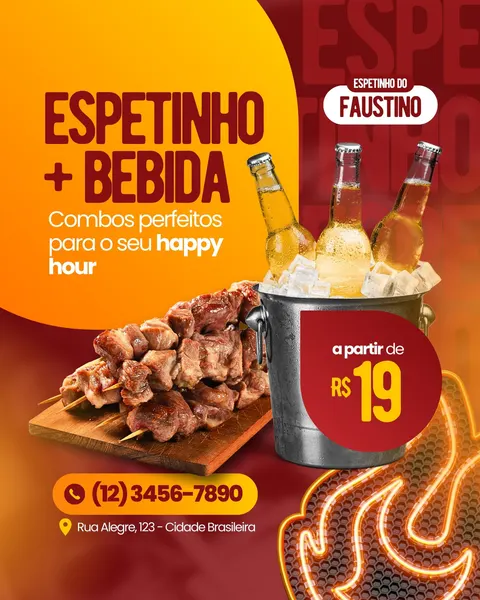 Post para Instagram com fundo vermelho e amarelo vibrantes, destacando espetinhos de carne suculentos e garrafas de cerveja gelada em um balde. O texto principal anuncia 'Espetinho + Bebida' e 'Combos perfeitos para o seu happy hour', com preço a partir de R$19.