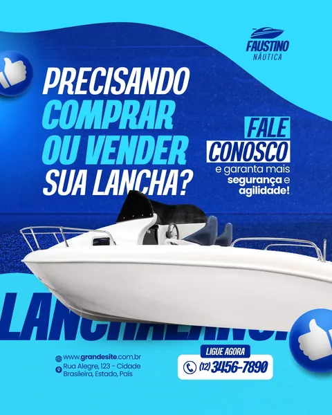Post para Instagram de empresa náutica com fundo azul e branco, exibindo uma lancha branca. O texto principal pergunta 'Precisando comprar ou vender sua lancha? Fale conosco'. Inclui ícones de 'like' e informações de contato.