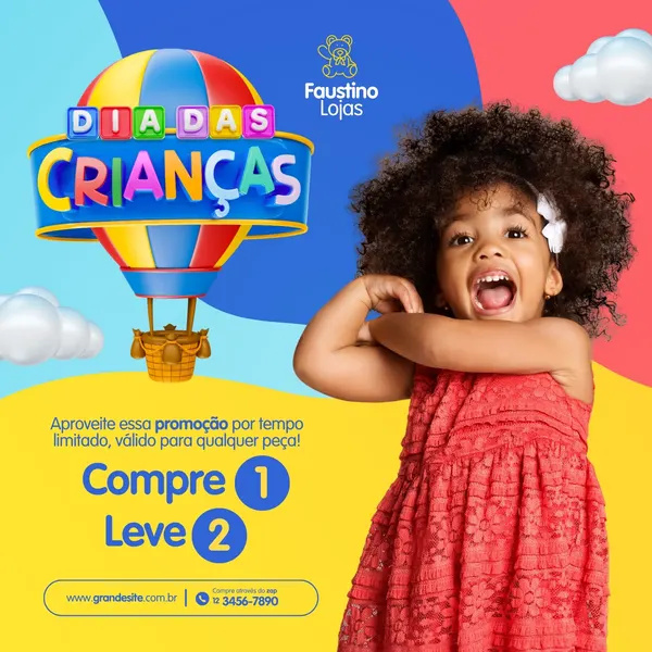 Post colorido para Instagram e Facebook anunciando promoção de Dia das Crianças. Um balão de ar quente com o texto 'Dia das Crianças' flutua acima de uma menina sorridente. A promoção 'Compre 1 Leve 2' é destacada em texto grande.