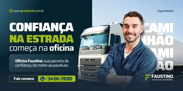 Banner horizontal para oficina de caminhões com o título "Confiança Na Estrada Começa Na Oficina". Um homem sorridente em uniforme azul está em primeiro plano, com um caminhão ao fundo. As cores predominantes são azul, verde e branco, transmitindo profissionalismo e segurança.