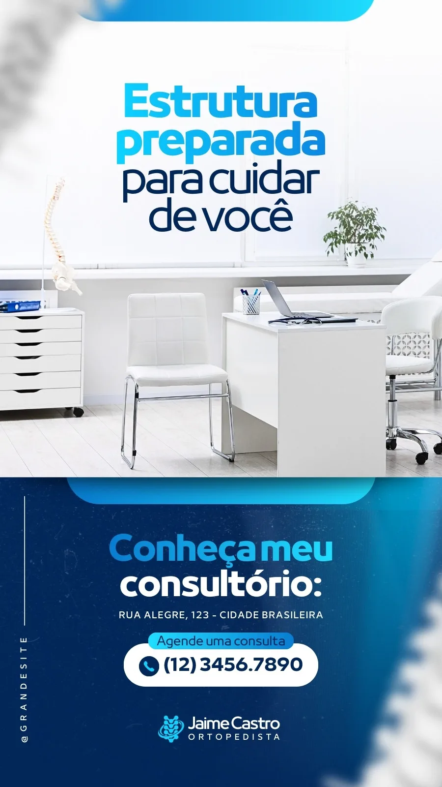 Template de Instagram Story para ortopedista com fundo branco e azul. Apresenta uma imagem de um consultório moderno, uma cadeira branca e uma coluna vertebral. O texto principal é 'Estrutura preparada para cuidar de você' e informações de contato.
