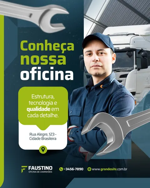 Post para Instagram de uma oficina mecânica de caminhões, com fundo azul escuro e detalhes em verde e branco. Um mecânico uniformizado está ao centro, com caminhões ao fundo. Chaves de boca grandes aparecem em destaque. O texto principal diz 'Conheça nossa oficina'.