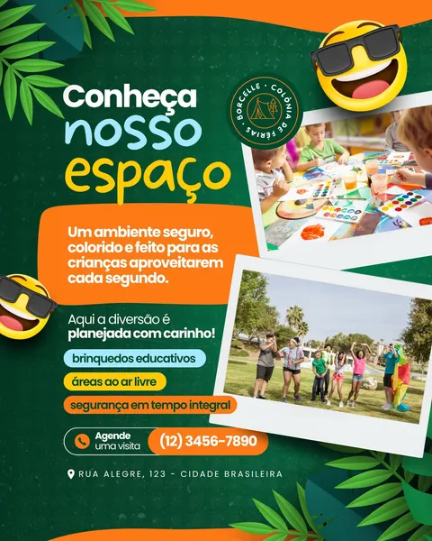 Post para Instagram e Facebook sobre colônia de férias. Fundo verde com folhas tropicais. Título "Conheça nosso espaço" em letras coloridas. Imagens de crianças pintando e brincando ao ar livre. Destaca "ambiente seguro", "brinquedos educativos" e "segurança em tempo integral".
