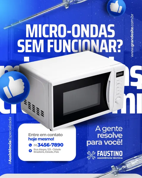 Post de Instagram em tons de azul e branco para assistência técnica de micro-ondas. Destaca um micro-ondas branco ao centro, com chave de fenda e ícones de 'curtir'. O texto pergunta 'MICRO-ONDAS SEM FUNCIONAR?' e convida ao contato para conserto de eletrodomésticos, com informações de serviço e logo de reparos.