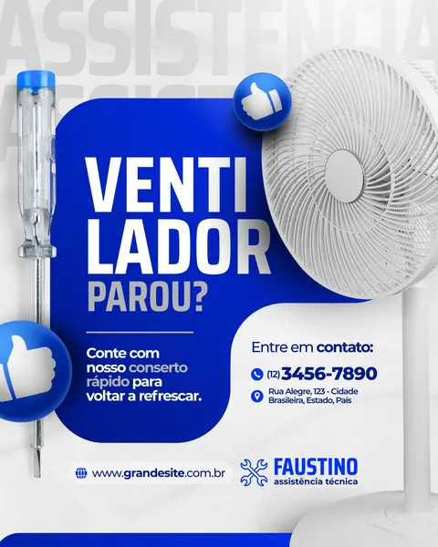 Post de Instagram/Facebook em tons de azul e branco, com um ventilador de pedestal branco à direita e uma chave de fenda à esquerda. No centro, uma forma azul com o texto 'VENTILADOR PAROU? Conte com nosso conserto rápido para voltar a refrescar.'. Ícones de 'curtir' azuis complementam o design, junto a informações de contato e o logo 'FAUSTINO assistência técnica'. O design é moderno e focado em serviços de reparo.