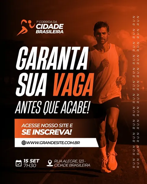 Post de Instagram em preto e laranja vibrante, com um homem correndo em primeiro plano. O design moderno destaca a chamada 'Garanta sua vaga antes que acabe!', com data, horário, local e site para inscrição. Ideal para divulgar corridas de rua, maratonas e eventos esportivos, gerando urgência e atraindo inscritos.
