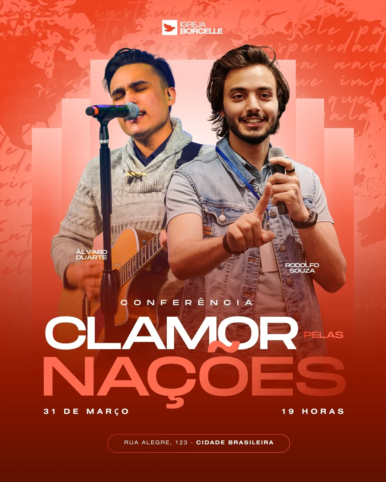 Post para Instagram e Facebook com fundo gradiente laranja e branco, apresentando dois homens jovens, um tocando violão e cantando, o outro falando ao microfone. O texto principal anuncia a "Conferência Clamor por Nações" com data e local.
