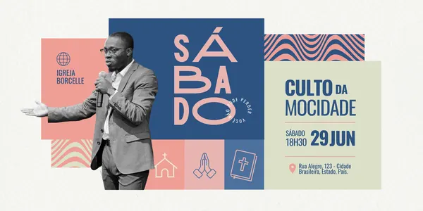 Banner horizontal para evento religioso, com um homem de terno falando ao microfone. O texto central diz "Sábado" e "Culto da Mocidade", com data e endereço. Cores predominantes: rosa, verde e azul.