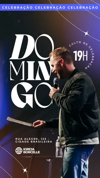 Template de Instagram Story para culto de celebração de igreja cristã, com fundo escuro e detalhes em azul. O texto "DOMINGO CULTO DE CELEBRAÇÃO 19H" em destaque. Um homem sorri segurando um microfone e um livro aberto.
