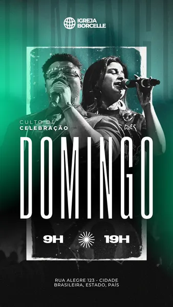 Template de Instagram Story em tons de verde e branco com a palavra 'DOMINGO' em destaque. Apresenta imagens de um casal cantando em um palco, com informações sobre horário e endereço da igreja, ideal para divulgar cultos de celebração.