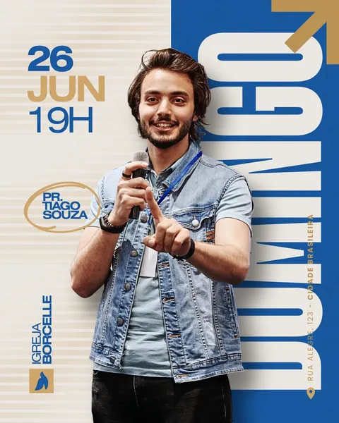Post moderno para Instagram e Facebook em bege e azul. Apresenta um homem sorridente de colete jeans com microfone, apontando. Destaques em azul e dourado informam data '26 JUN', hora '19H', 'Pr. Tiago Souza' e 'Igreja Borcelle'. A palavra 'DOMINGO' está em grande destaque na lateral azul, ideal para divulgação de culto cristão.