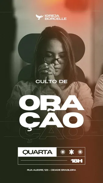 Template de Instagram Story para culto de oração de igreja cristã. Uma jovem com óculos e mãos em oração, com texto em branco 'Culto de Oração' e 'Quarta-feira' em destaque. Fundo moderno com tons de laranja, preto e branco.