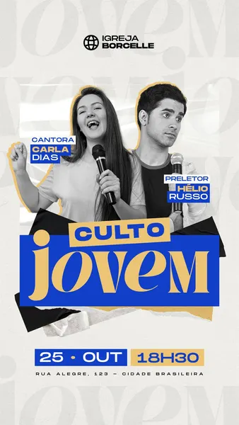 Story para Instagram com design moderno em azul, bege e preto. Apresenta uma cantora e um preletor com microfones, sobrepondo o título 'Culto Jovem' em tipografia ousada. O fundo claro tem a palavra 'jovem' em marca d'água. Inclui detalhes de data, hora e local do evento, ideal para divulgação de eventos religiosos juvenis e igrejas.