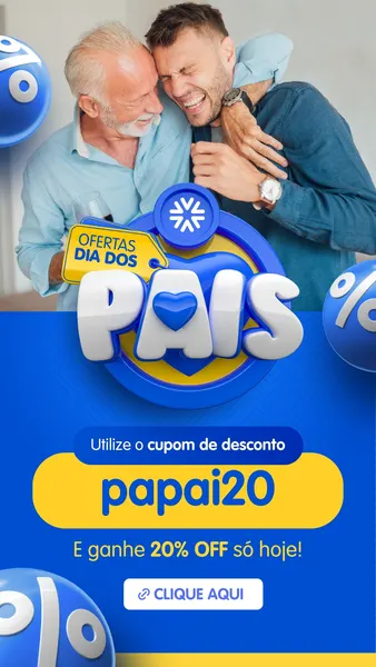 Story para Instagram com tema Dia dos Pais. Um homem mais velho e um homem mais jovem se abraçam rindo. O design em azul e amarelo destaca o texto 'Ofertas Dia dos Pais', o cupom 'papai20' e '20% OFF'.