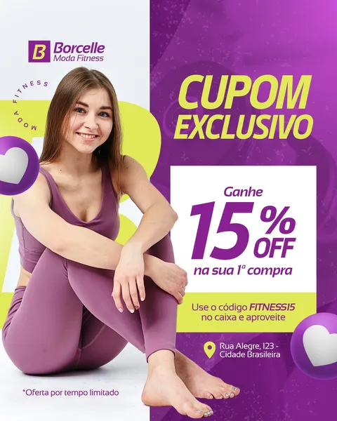 Post de Instagram com uma mulher sorrindo, vestindo roupa fitness roxa, sentada. O design vibrante em roxo e verde neon promove um cupom exclusivo de 15% de desconto na primeira compra, com o código "FITNESS15" e o endereço da loja, ideal para marketing de moda fitness.