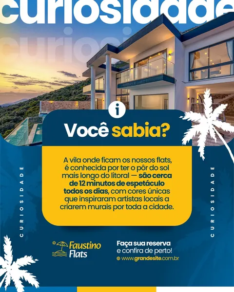 Post para Instagram com fundo azul escuro e detalhes em amarelo, mostrando uma mansão moderna com piscina ao pôr do sol. Um balão de fala destaca a curiosidade sobre a localização dos flats. Ideal para imobiliárias e turismo.