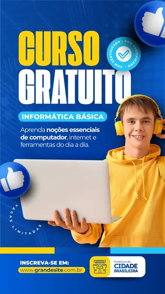 Template de Story para Instagram com fundo azul vibrante, destacando o título "Curso Gratuito de Informática Básica". Um jovem sorridente com fones de ouvido segura um laptop. Ícones de "like" e "certificado" adicionam dinamismo. Ideal para divulgação de cursos pela prefeitura.