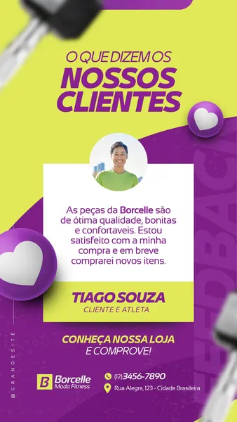 Template de Story para Instagram em tons vibrantes de roxo e verde limão, com foco em depoimento de cliente. Apresenta uma caixa de texto branca com avaliação positiva, foto de um homem sorrindo, nome do cliente e chamada para ação. Inclui ícones de coração, logo da marca e informações de contato, como telefone e endereço, com halteres desfocados ao fundo.