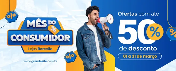 Banner horizontal azul e laranja vibrante para o Mês do Consumidor. Um homem animado segura um megafone, anunciando 'Ofertas com até 50% de desconto'. O logo 'Mês do Consumidor' e o período da promoção '01 a 31 de março' estão em destaque.