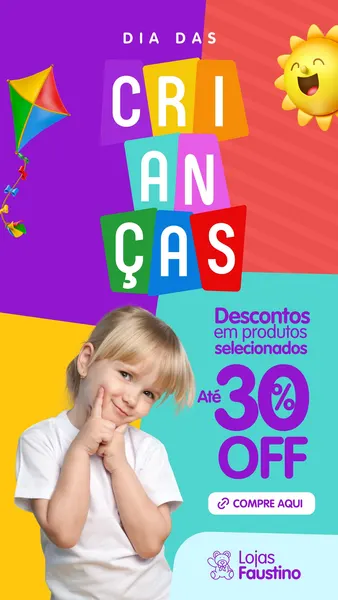 Story de Instagram colorido e animado para o Dia das Crianças, com a palavra "CRIANÇAS" em destaque e a imagem de uma menina sorrindo. Promove descontos de até 30% OFF e um botão "Compre Aqui", com elementos lúdicos como um sol sorridente e um papagaio.