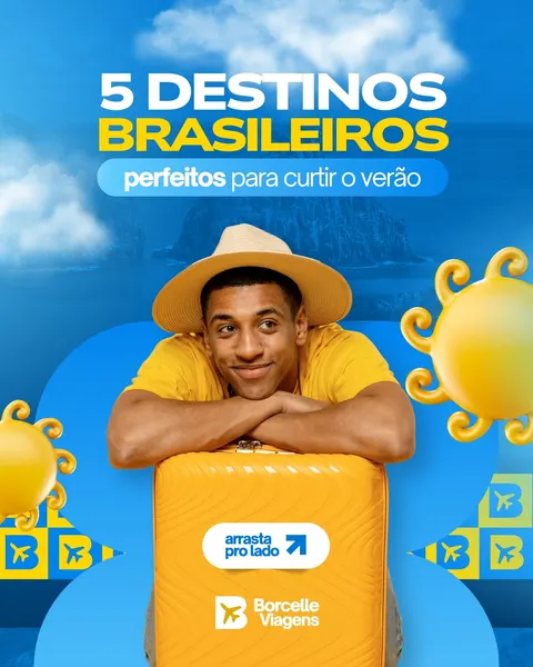 Um homem sorridente com chapéu de palha apoia-se em uma mala de viagem amarela vibrante, com o texto "5 Destinos Brasileiros perfeitos para curtir o verão" em destaque. O fundo azul claro com nuvens e o sol amarelo sugere uma viagem de férias.