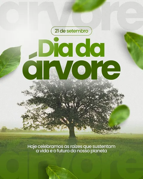 Post elegante em verde e branco para o Dia da Árvore, comemorado em 21 de setembro. A imagem central é uma árvore frondosa em um campo verdejante, com folhas flutuantes e o texto 'Dia da Árvore' em destaque.