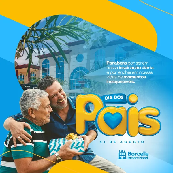 Um homem mais velho sorri enquanto recebe um presente de um homem mais novo, ambos abraçados. Ao fundo, um resort moderno com paisagem tropical. O texto "Dia dos Pais" em destaque, com cores amarelo e azul vibrantes, ideal para posts de hotelaria.