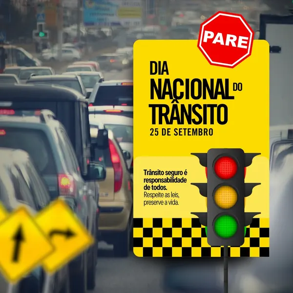 Post para Instagram e Facebook com fundo de trânsito engarrafado. Um painel amarelo destaca 'Dia Nacional do Trânsito 25 de Setembro', um sinal de 'PARE' e um semáforo. Mensagem sobre responsabilidade no trânsito.