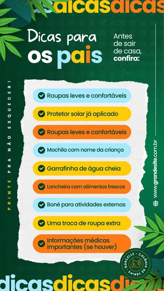 Story do Instagram com fundo verde escuro e elementos de plantas. O título 'Dicas para os pais' aparece em destaque, seguido por uma lista de verificação com itens essenciais para colônia de férias, como roupas, protetor solar e lancheira, em balões coloridos.
