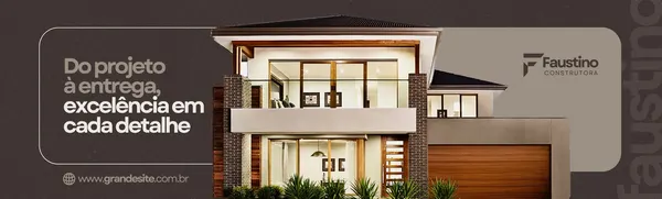 Banner horizontal com fundo marrom escuro e branco, apresentando uma imagem de uma casa moderna de alto padrão. Texto em branco "Do projeto à entrega, excelência em cada detalhe" e logo "Faustino Construtora".