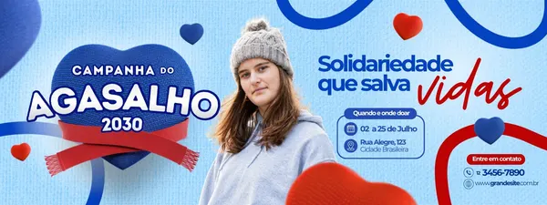 Banner horizontal para Campanha do Agasalho com fundo azul claro. Apresenta uma jovem sorridente de gorro e blusa de frio, ladeada por corações azuis e vermelhos. O texto 'Campanha do Agasalho' está em destaque sobre um coração azul com cachecol vermelho. Inclui seções para data, endereço e contato, com a frase 'Solidariedade que salva vidas'. Design acolhedor e informativo para promover doações de roupas.