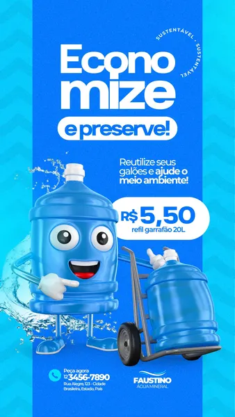 Story para Instagram com fundo azul vibrante, apresentando um galão de água animado sorrindo e apontando para um carrinho com outro galão. O texto destaca "Economize e preserve!" e o preço do refil de 20L. Foco em promoção e sustentabilidade para depósitos de água.