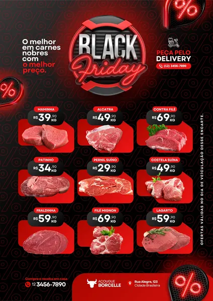 Template de encarte de Black Friday para açougue com fundo preto e vermelho, destacando cortes de carne como picanha, filé mignon e costela. Inclui preços por kg, logo do açougue e informações de delivery e contato.