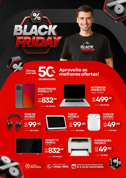 Template de Black Friday em vermelho, preto e branco, exibindo um homem sorridente e diversos produtos eletrônicos como smartphone, notebook, fones e tablet. O design moderno destaca a promoção de até 50% de desconto, com preços e informações de contato para vendas de varejo de tecnologia. Ideal para posts de redes sociais.