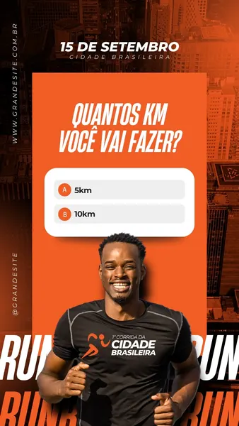 Template de Story para Instagram com fundo laranja vibrante e silhueta de prédios. Título 'Quantos km você vai fazer?' com opções de enquete 5km e 10km. Um corredor sorridente em primeiro plano, promovendo um evento de corrida de rua.