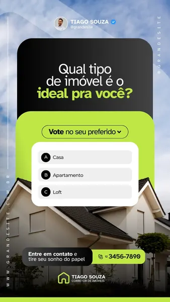 Template de Instagram Story para corretor de imóveis com fundo de casa moderna. Apresenta uma enquete interativa sobre o tipo de imóvel ideal, com opções como Casa, Apartamento e Loft, e botões de contato.