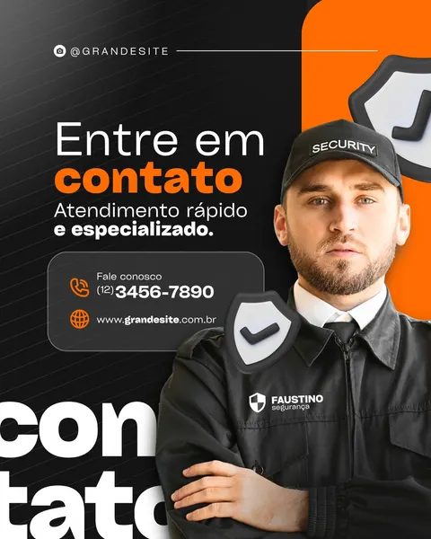 Post para Instagram em preto e laranja para empresa de segurança. Um segurança uniformizado com boné "SECURITY" e logo da empresa aparece. O texto "Entre em contato" destaca telefone e site. Um ícone de escudo com checkmark reforça proteção e confiança. Design moderno e profissional, ideal para divulgar serviços de segurança.