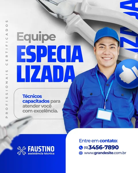Post para Instagram em tons de azul e branco, com um técnico sorridente de uniforme azul e boné, exibindo um crachá e um ícone de 'joinha'. Ao fundo, um alicate grande. O design destaca a frase 'Equipe Especializada' e 'Profissionais Certificados', ideal para empresas de assistência técnica de eletrodomésticos que buscam transmitir confiança e competência.