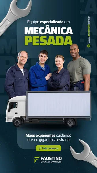 Equipe sorridente de mecânicos em frente a um caminhão, com ferramentas e o texto "Mecânica Pesada". O design em azul, verde e branco é moderno e profissional, ideal para divulgar serviços de oficina.