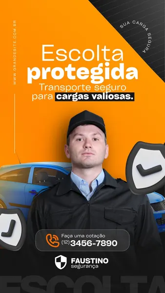 Story de Instagram em tons de laranja e preto, com um segurança uniformizado olhando para frente. O template promove serviços de escolta armada e transporte seguro de cargas valiosas, com ícones de escudo e um carro azul ao fundo. Inclui chamada para cotação e informações de contato da empresa de segurança.