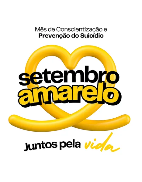 Template de post para redes sociais com o tema Setembro Amarelo. Apresenta um coração estilizado na cor amarela, com as frases "Mês de Conscientização e Prevenção do Suicídio" e "Setembro Amarelo". Abaixo, a frase "Juntos pela vida" em destaque. Cores predominantes: amarelo, preto e branco.