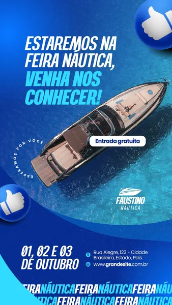 Template de Instagram Story em tons de azul e branco anunciando a participação em uma feira náutica. Apresenta uma imagem de um iate luxuoso, texto com 'Estaremos na Feira Náutica, venha nos conhecer!' e detalhes do evento como data e local.