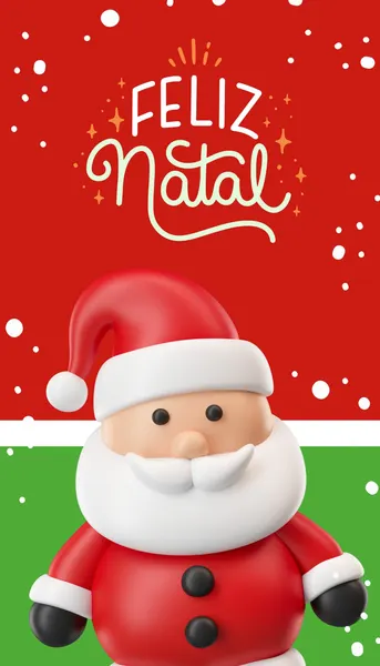 Template de Story/Reels de Natal com fundo vermelho e verde, decorado com pontos brancos de neve. Um Papai Noel 3D fofo e moderno, em estilo cartoon, com traje clássico vermelho e branco. A frase 'Feliz Natal' em caligrafia branca e dourada, com estrelas e brilhos, aparece no topo. Imagem alegre e festiva para saudações de fim de ano.