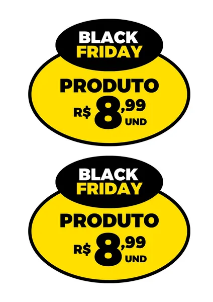 Duas etiquetas de preço ovais em amarelo vibrante e borda preta. No topo, uma faixa preta oval exibe "BLACK FRIDAY" em branco. Abaixo, "PRODUTO" em preto e o preço "R$ 8,99 UND" em destaque com números grandes e pretos. Design moderno e chamativo, ideal para posts de mídia social e promoções de varejo.