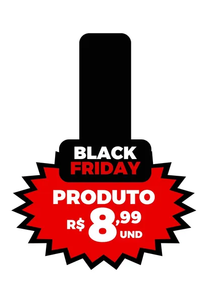 Etiqueta de preço Black Friday em formato de explosão vermelha com borda preta, destacando "PRODUTO R$ 8,99 UND" em branco. Acima, uma faixa preta com "BLACK FRIDAY" em branco e vermelho. O design é moderno e chamativo, ideal para promoções de varejo e e-commerce.
